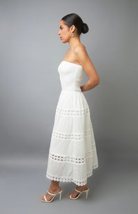 Feminine Elegance White Strapless Eyelet Midi Dress