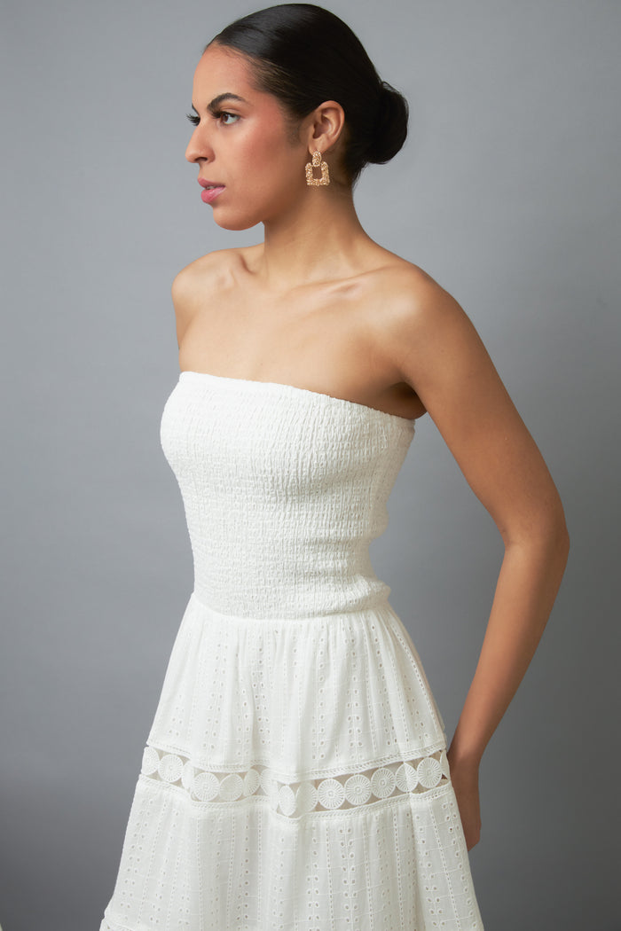 Feminine Elegance White Strapless Eyelet Midi Dress