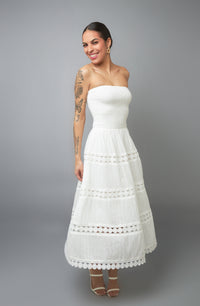 Feminine Elegance White Strapless Eyelet Midi Dress