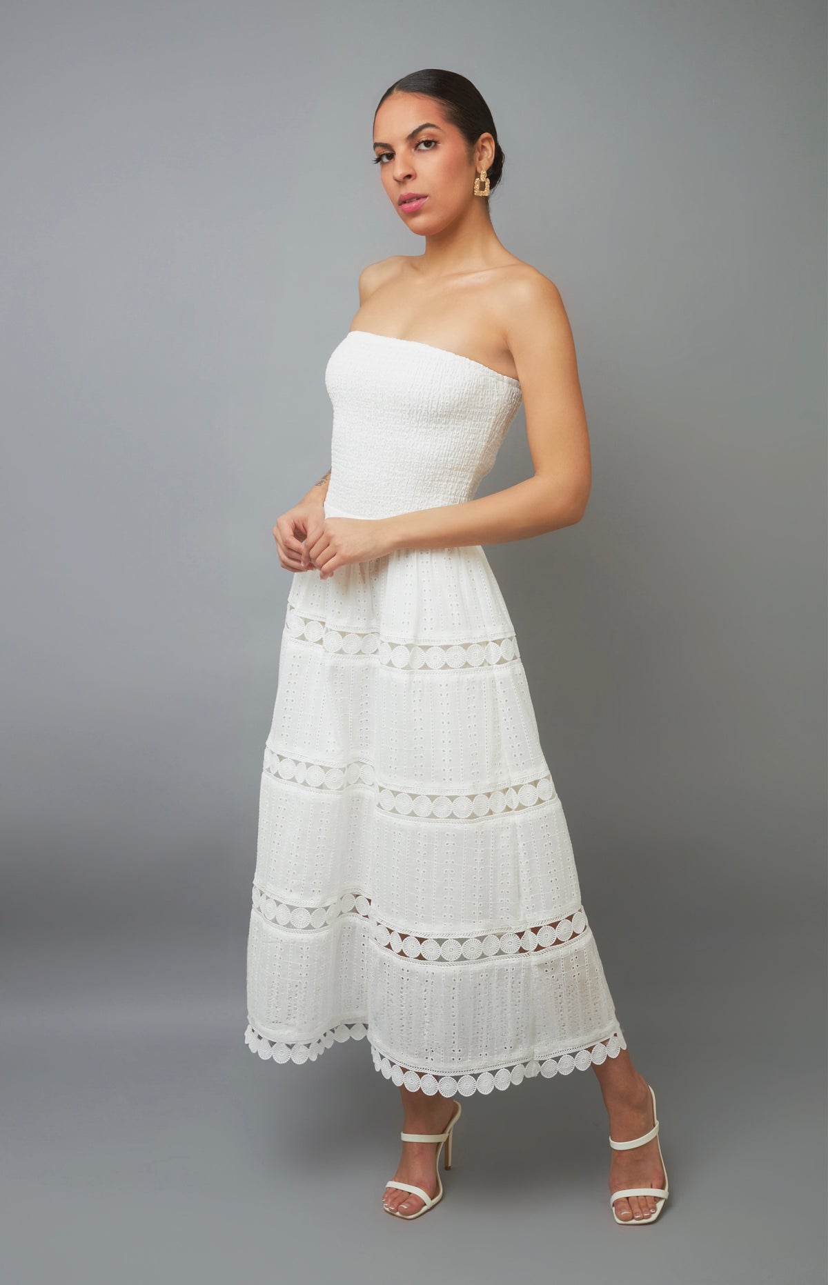 Feminine Elegance White Strapless Eyelet Midi Dress
