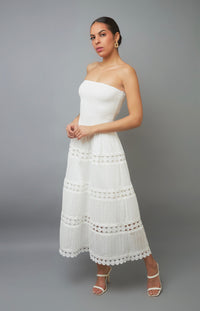 Feminine Elegance White Strapless Eyelet Midi Dress