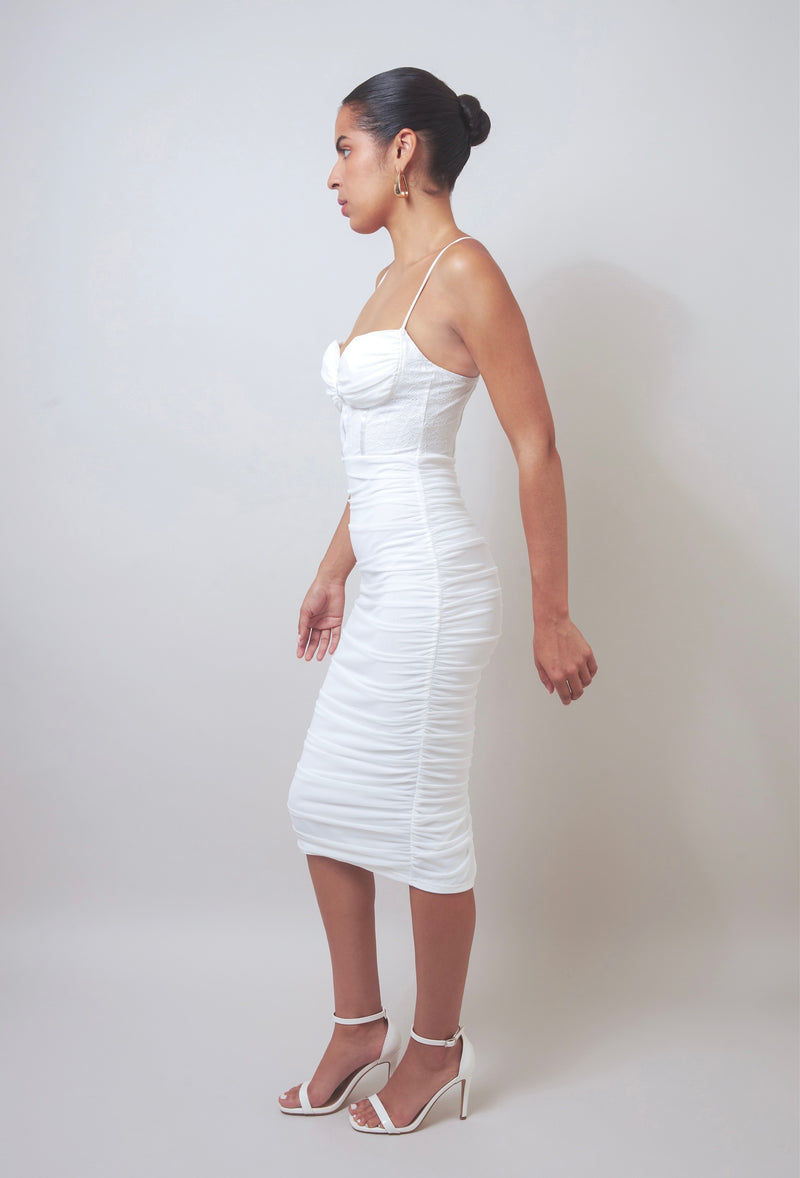 Meaningful Memories White Ruched Sleeveless Bodycon Dress