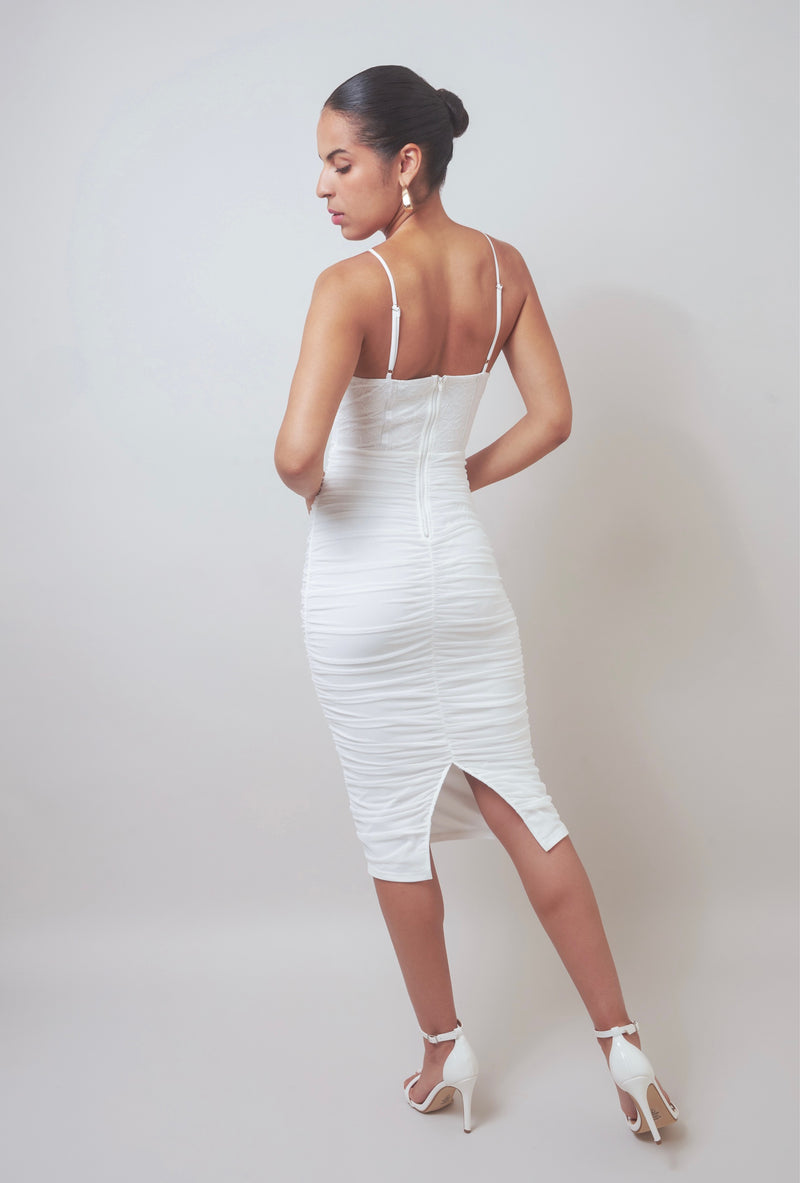 Meaningful Memories White Ruched Sleeveless Bodycon Dress