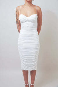 Meaningful Memories White Ruched Sleeveless Bodycon Dress
