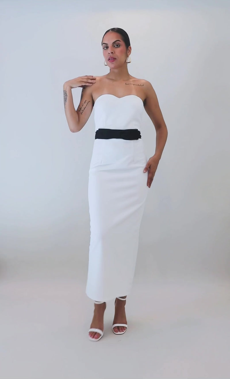 Timless Meets Contempory White Strapless Midi Dress