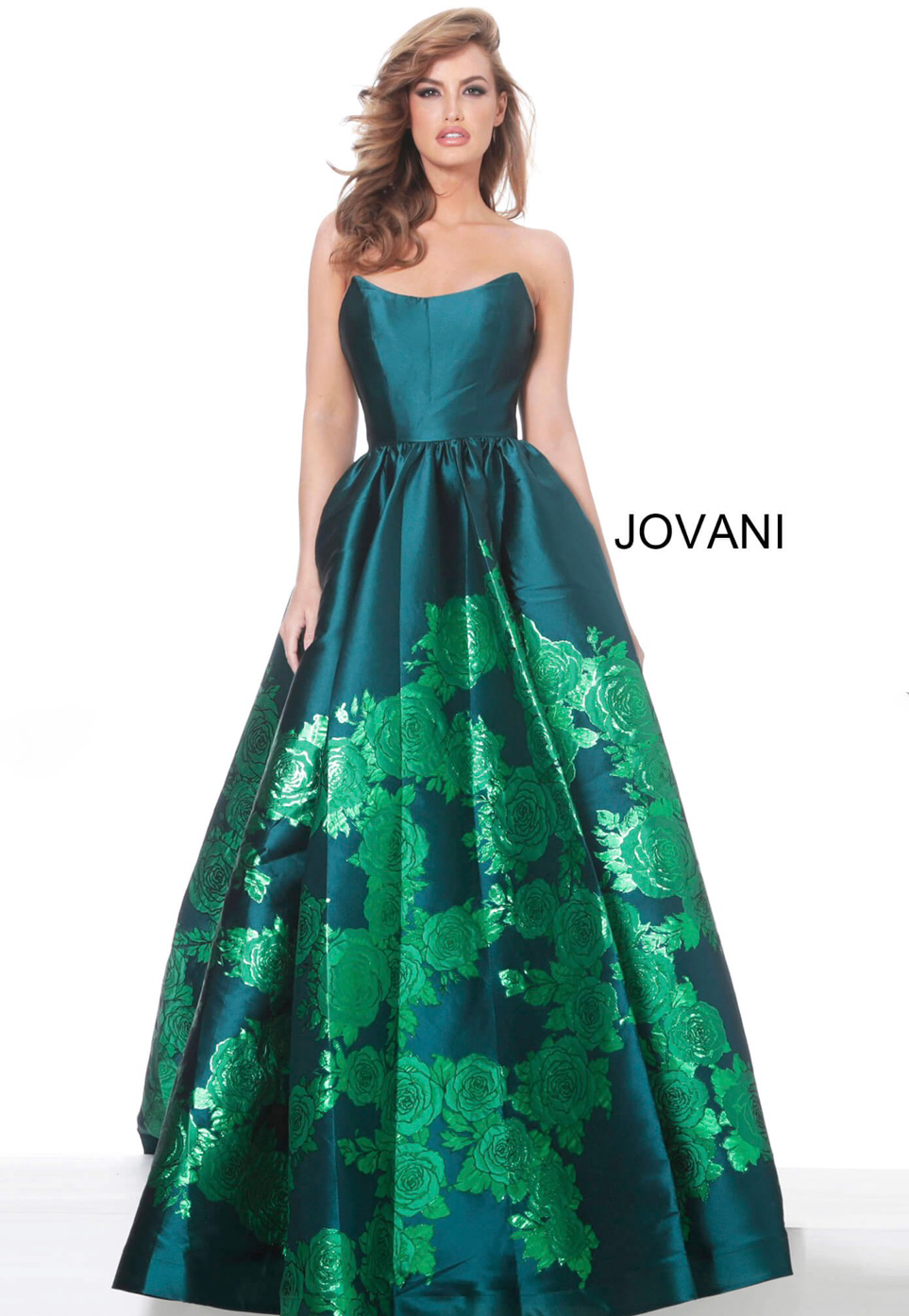 JOVANI 02038 ROSE PRINT STRAPLESS DRESS