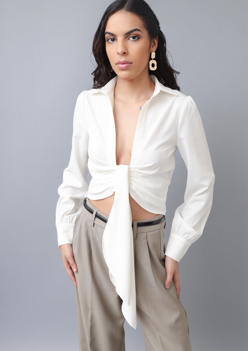 Totally Diva Off-White Collared Crop Blouse