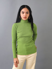 Stretchy Moss Ribbed Knit Lettuce Trim Mock Neck Knit Sweater Top