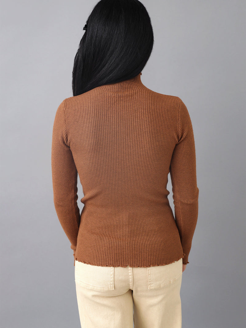 Stretchy Brown Ribbed Knit Lettuce Trim Mock Neck Knit Sweater Top