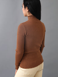 Stretchy Brown Ribbed Knit Lettuce Trim Mock Neck Knit Sweater Top