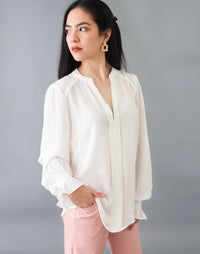 Forever Off-White Banded Collard Balloon Sleeve Blouse