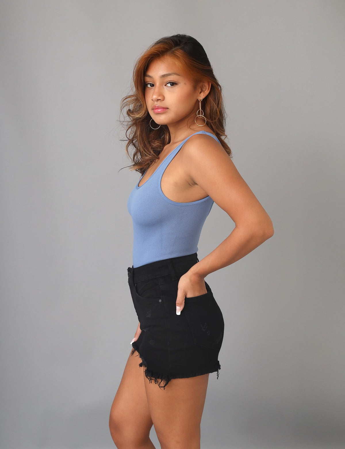 Flashy Blue Scooped Low Back Ribbed Knit Bodysuit