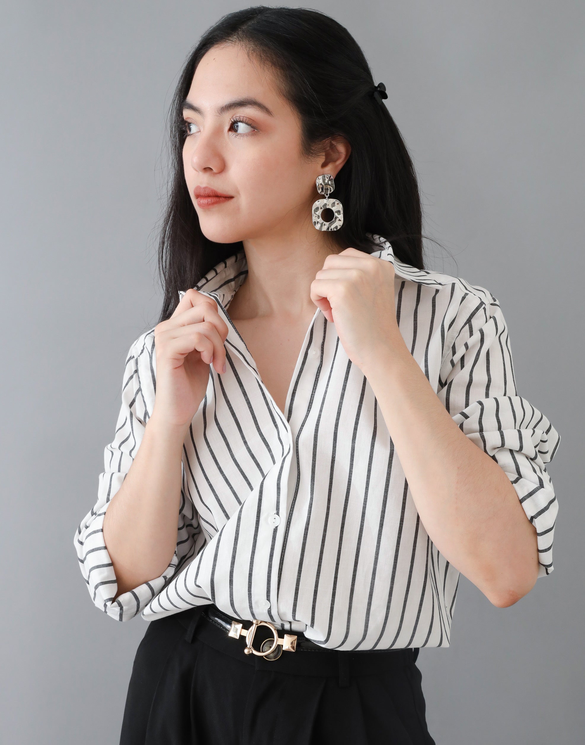 Black and white outlet striped button down shirt