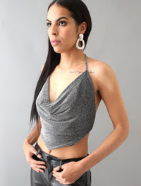 Shimmering Silver Draped Cow-Neck Halter Top