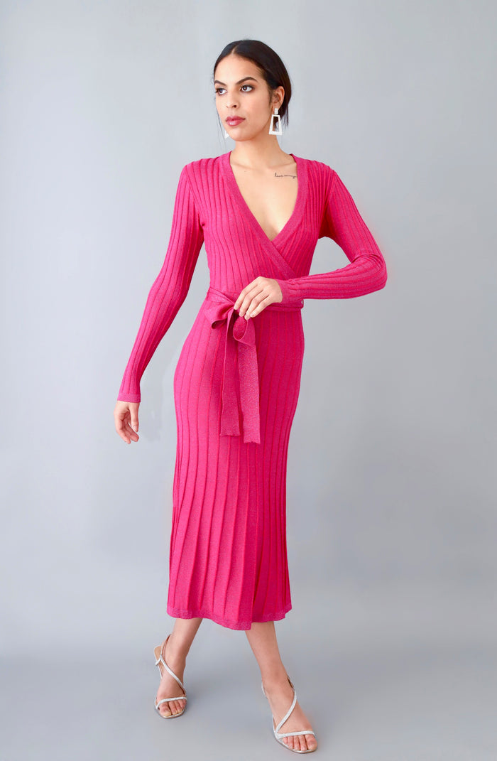 Enticing Sparkly Pink Surplice Wrap-Style Midi Party Dress