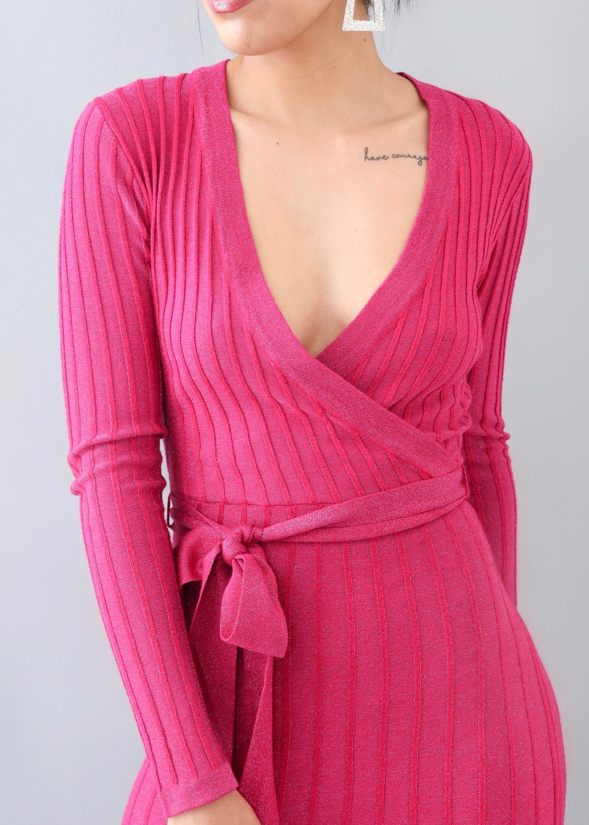 Enticing Sparkly Pink Surplice Wrap-Style Midi Party Dress