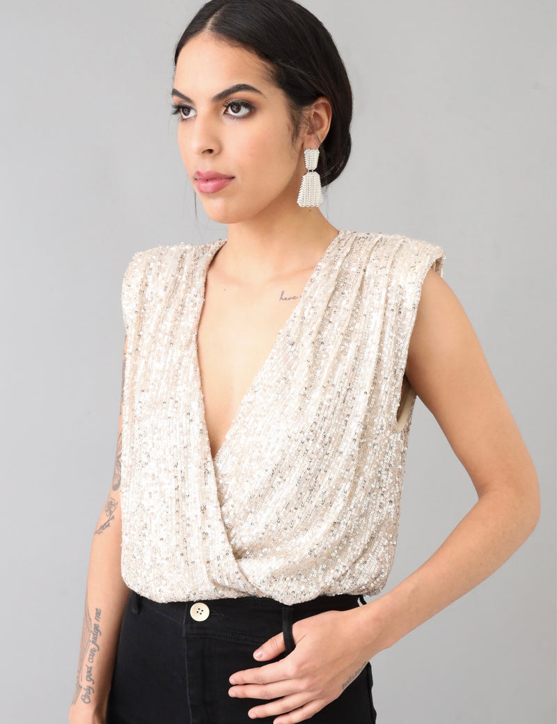 Have to Love Me Champagne Plunging Sequins Surplice Bodysuit