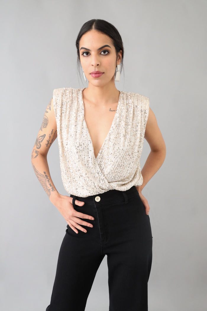 Have to Love Me Champagne Plunging Sequins Surplice Bodysuit