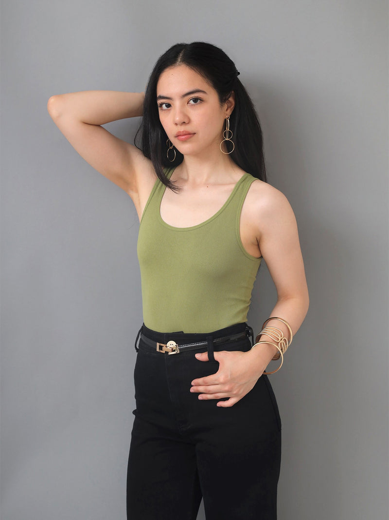 Flashy Army Green Scooped Low Back Ribbed Knit Bodysuit
