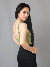 Flashy Army Green Scooped Low Back Ribbed Knit Bodysuit
