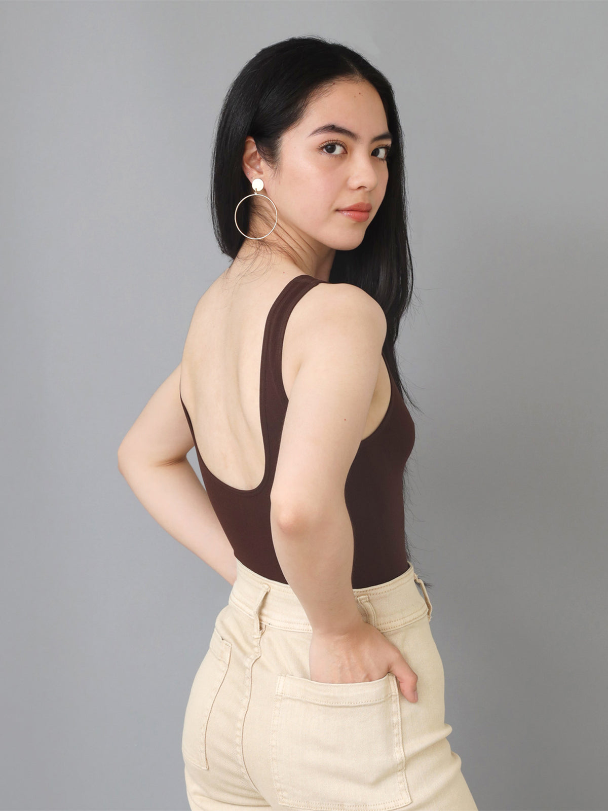 Flashy Brown Scooped Low Back Ribbed Knit Bodysuit
