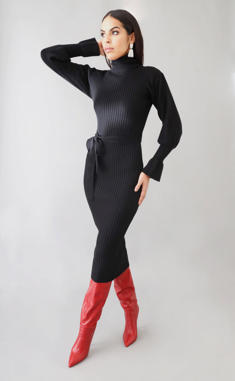 Winter Breeze Black Knit Bodycon Sweater Dress