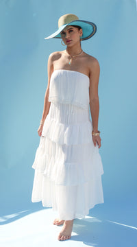 MAXINE WHITE FLOUNCY STRAPLESS MAXI DRESS