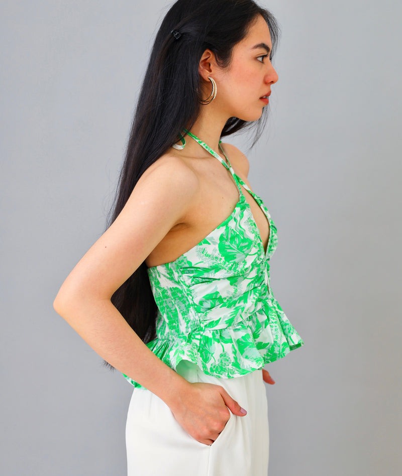 Beautifully Tailored Green Floral Smocked Halter Top