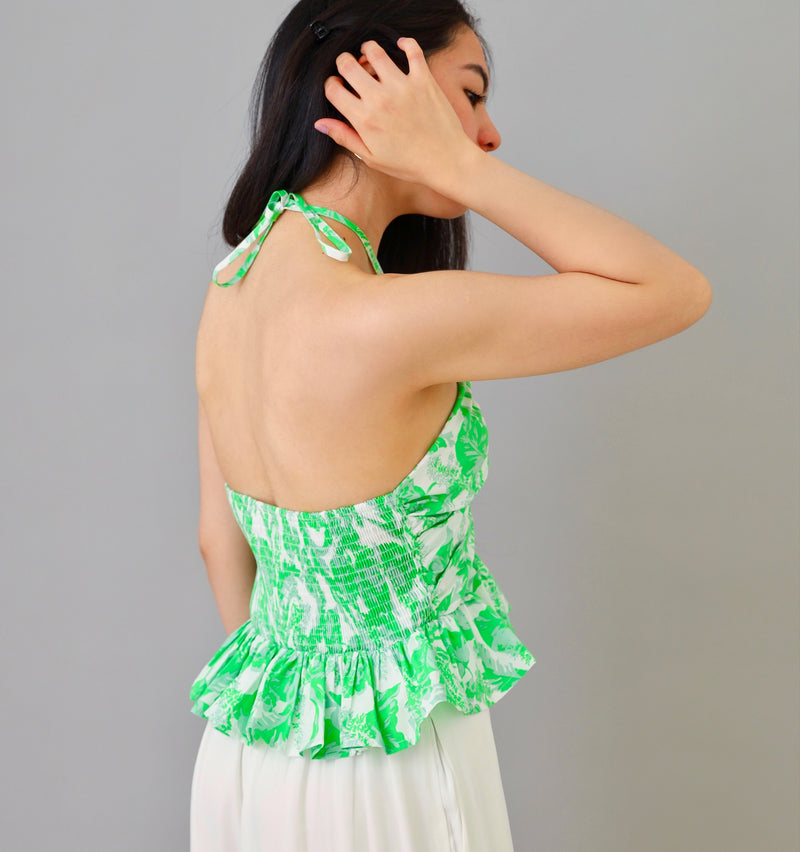 Beautifully Tailored Green Floral Smocked Halter Top