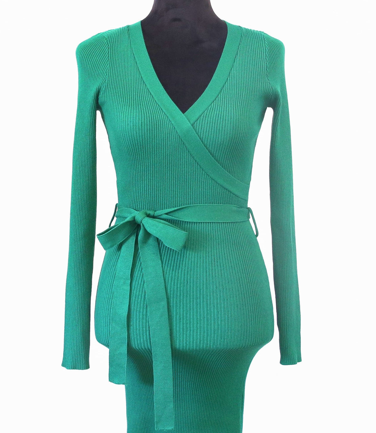 Kelly Green Solid Surplice Wrap Knit Dress