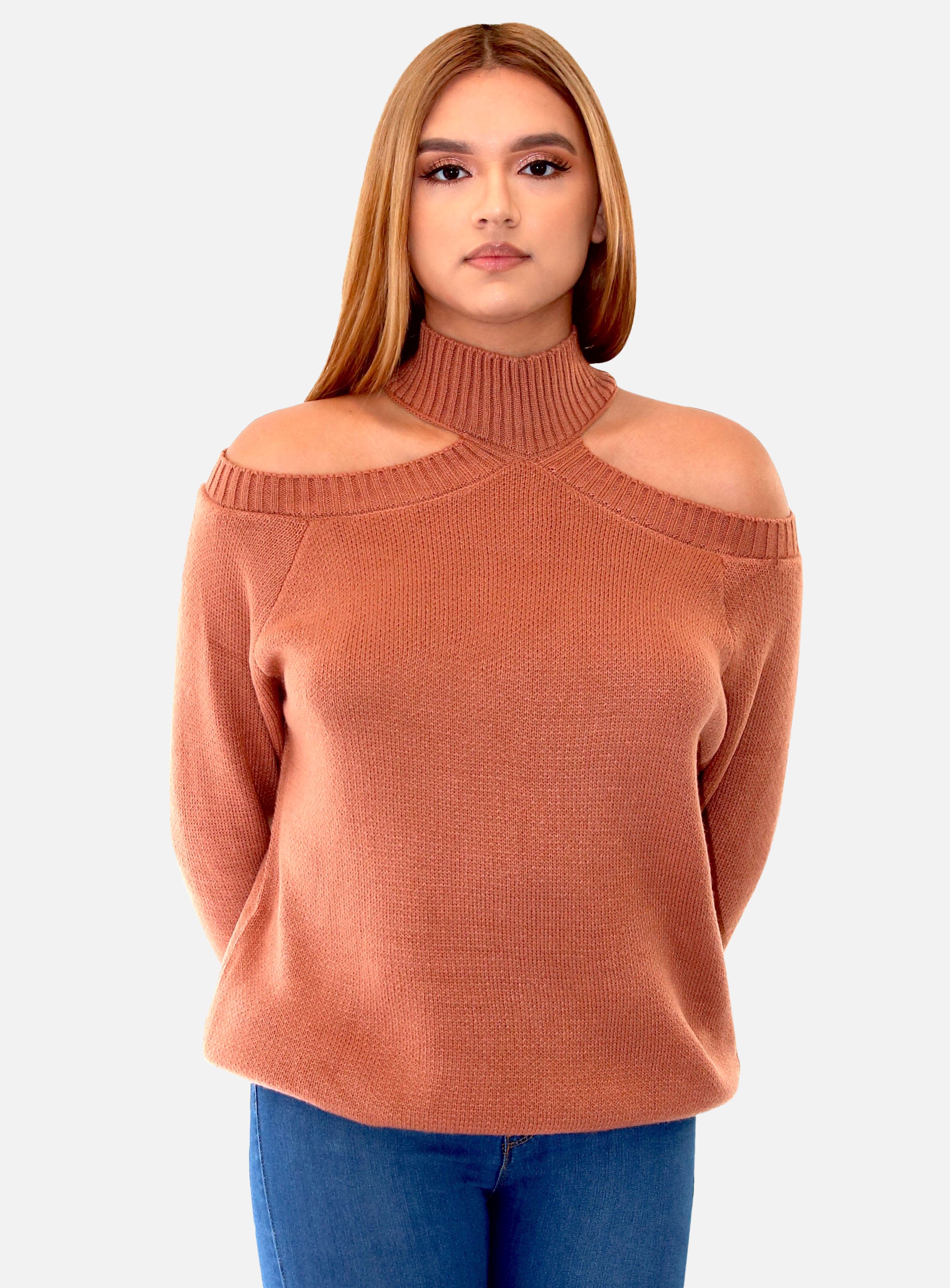 ALIVA RUST OFF THE SHOULDER MOCK NECK KNIT SWEATER Casa de fashion