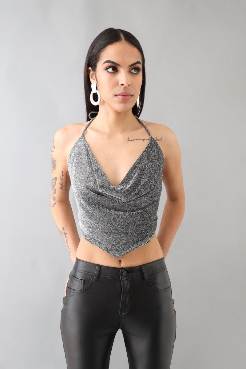 Shimmering Silver Draped Cow-Neck Halter Top