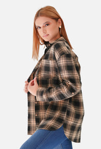 BROWN LOOSE FIT PLAID BUTTON-UP TOP