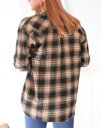 BROWN LOOSE FIT PLAID BUTTON-UP TOP