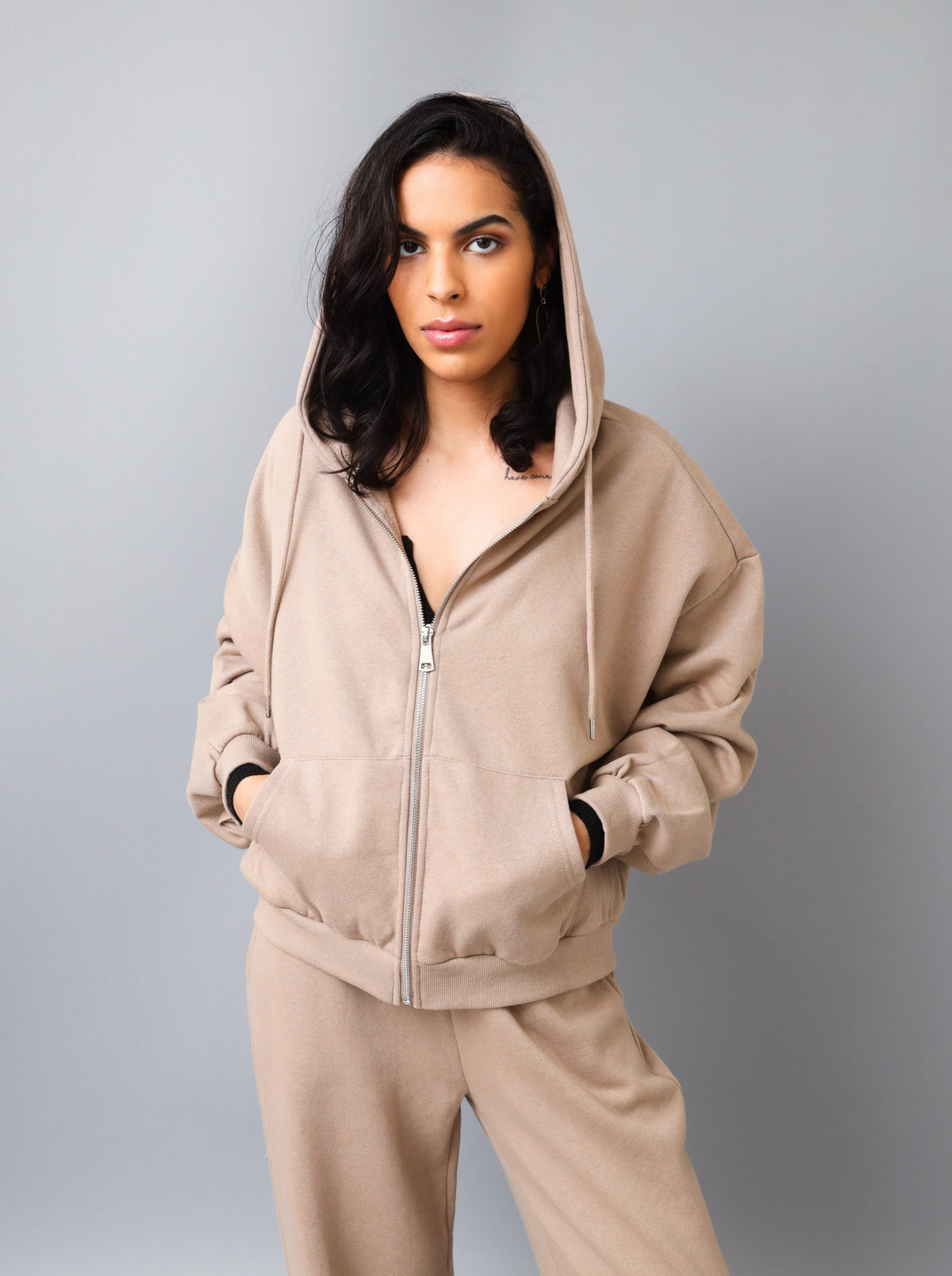 Relax With Me Stylish Beige Oversize Relaxed Lounge Hoodie Set