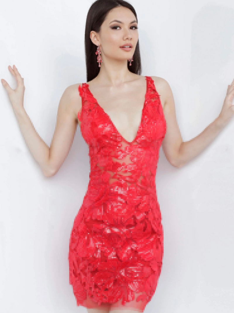 JOVANI Red Embellished Fitted Cocktail Dress