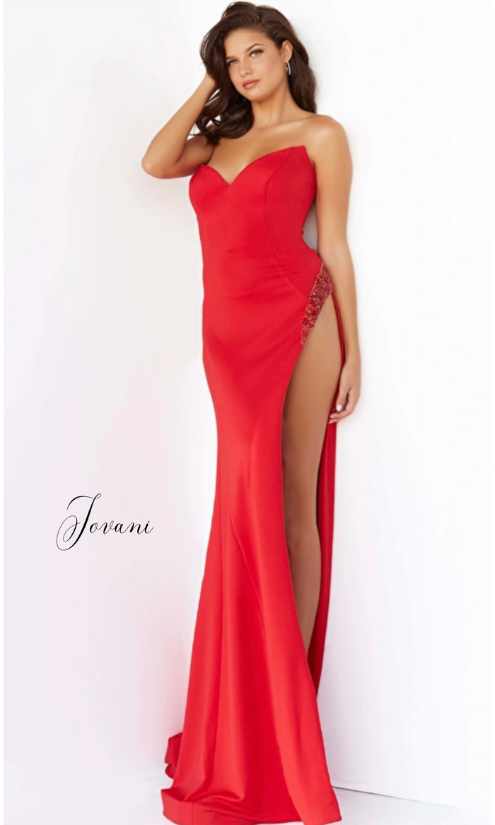 JOVANI 07138 Strapless High Slit Couture Prom Dress