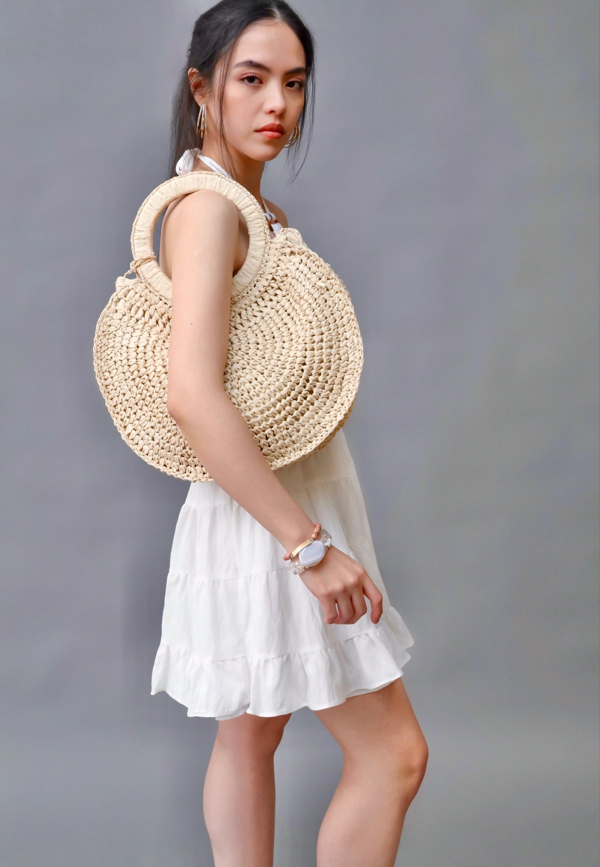 Naomi Khaki Circular Resort Straw Handbag