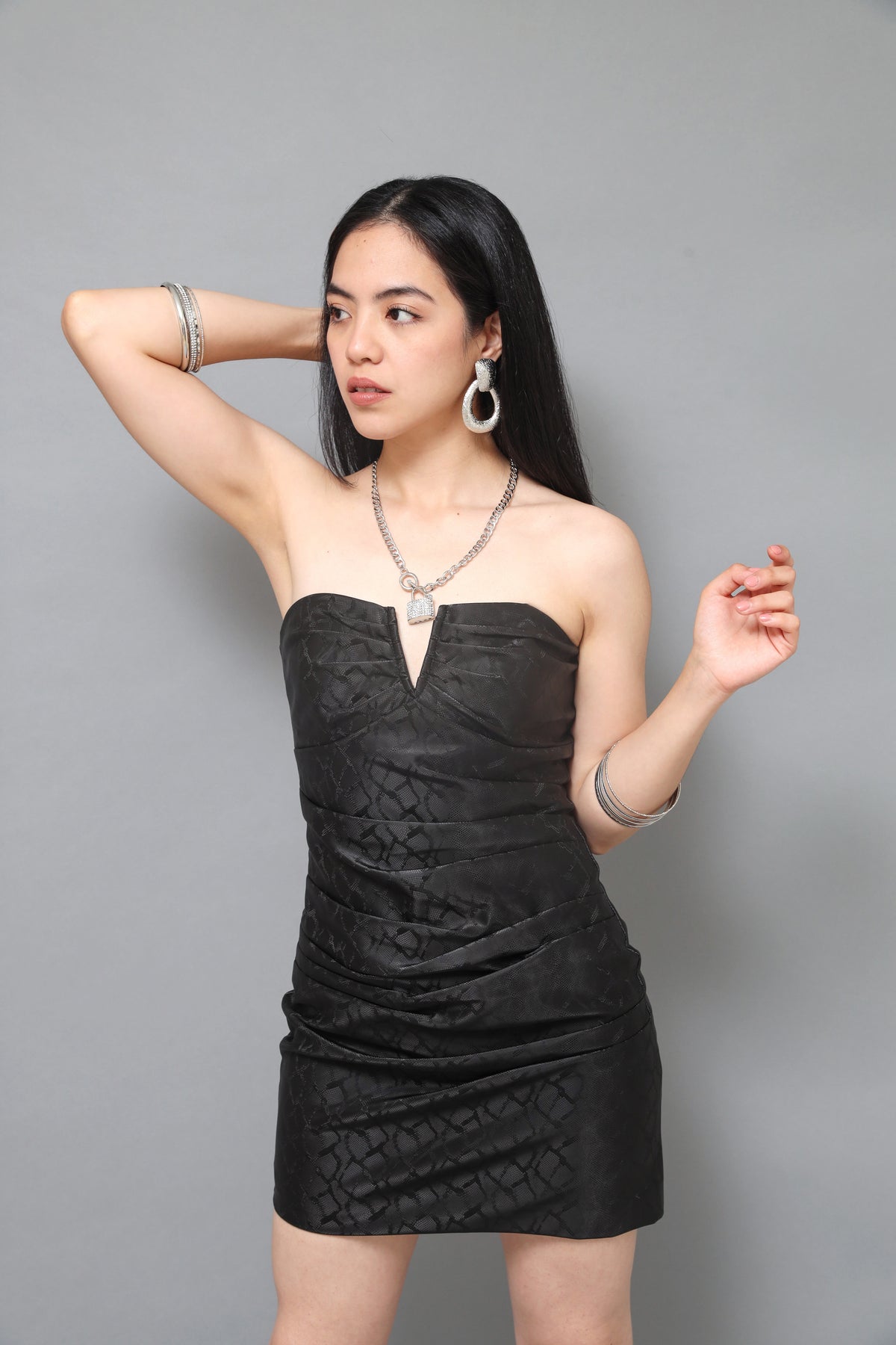 Fierce Vibes Black Strapless Snake Print Pu Bodycon Mini Dress