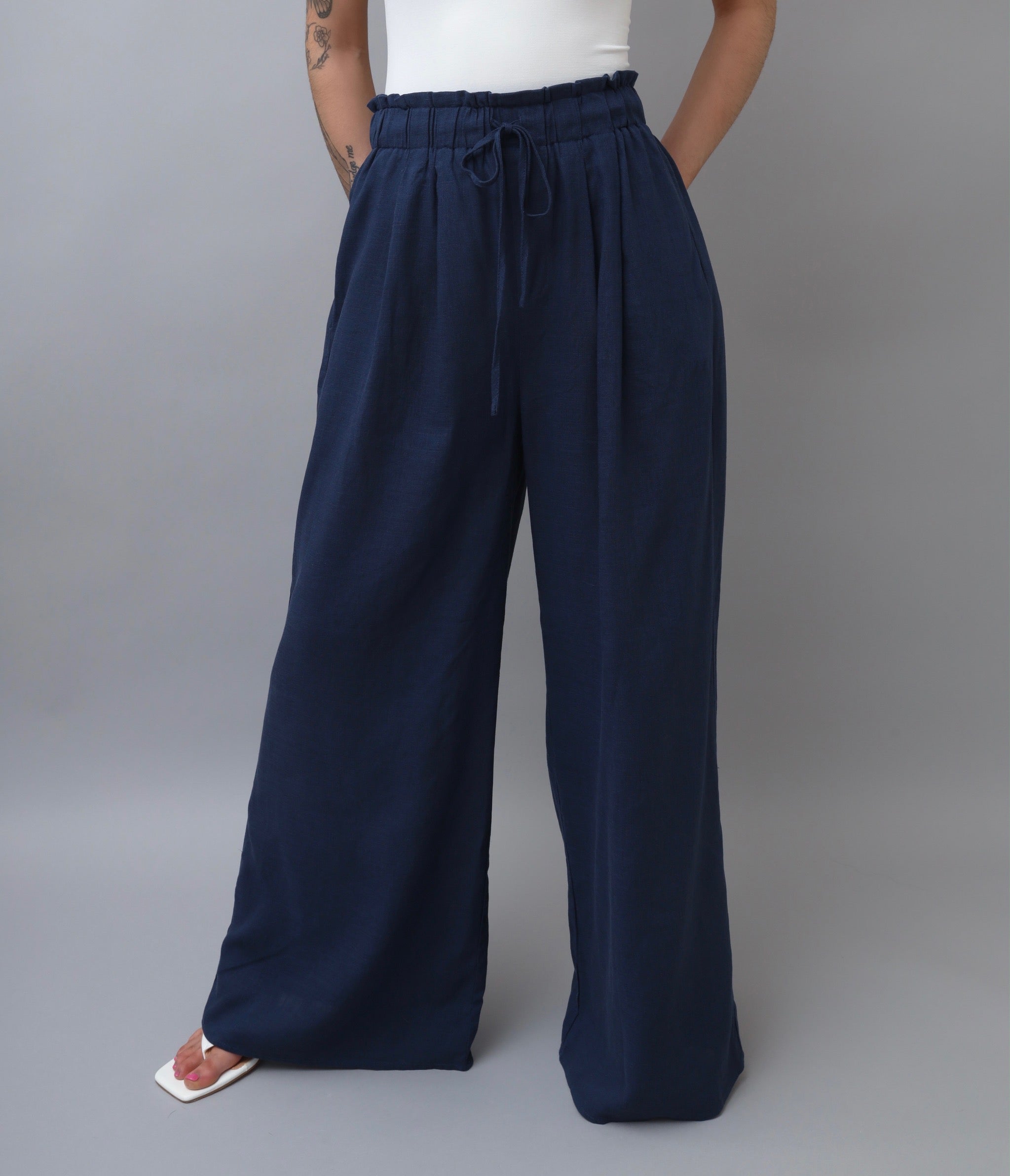 Sunny Days Navy Wide-Leg Linen Pants