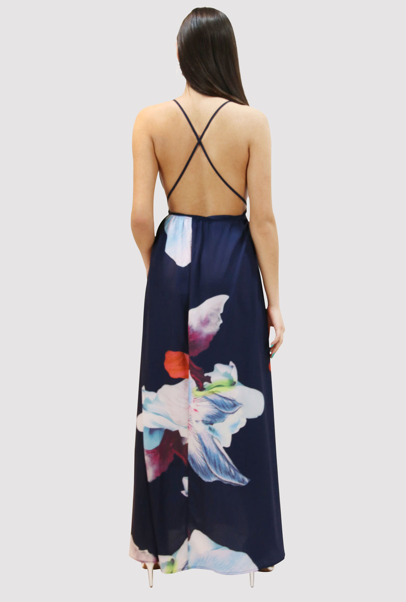 OPENED BACK FLORAL MAXI DRESS
