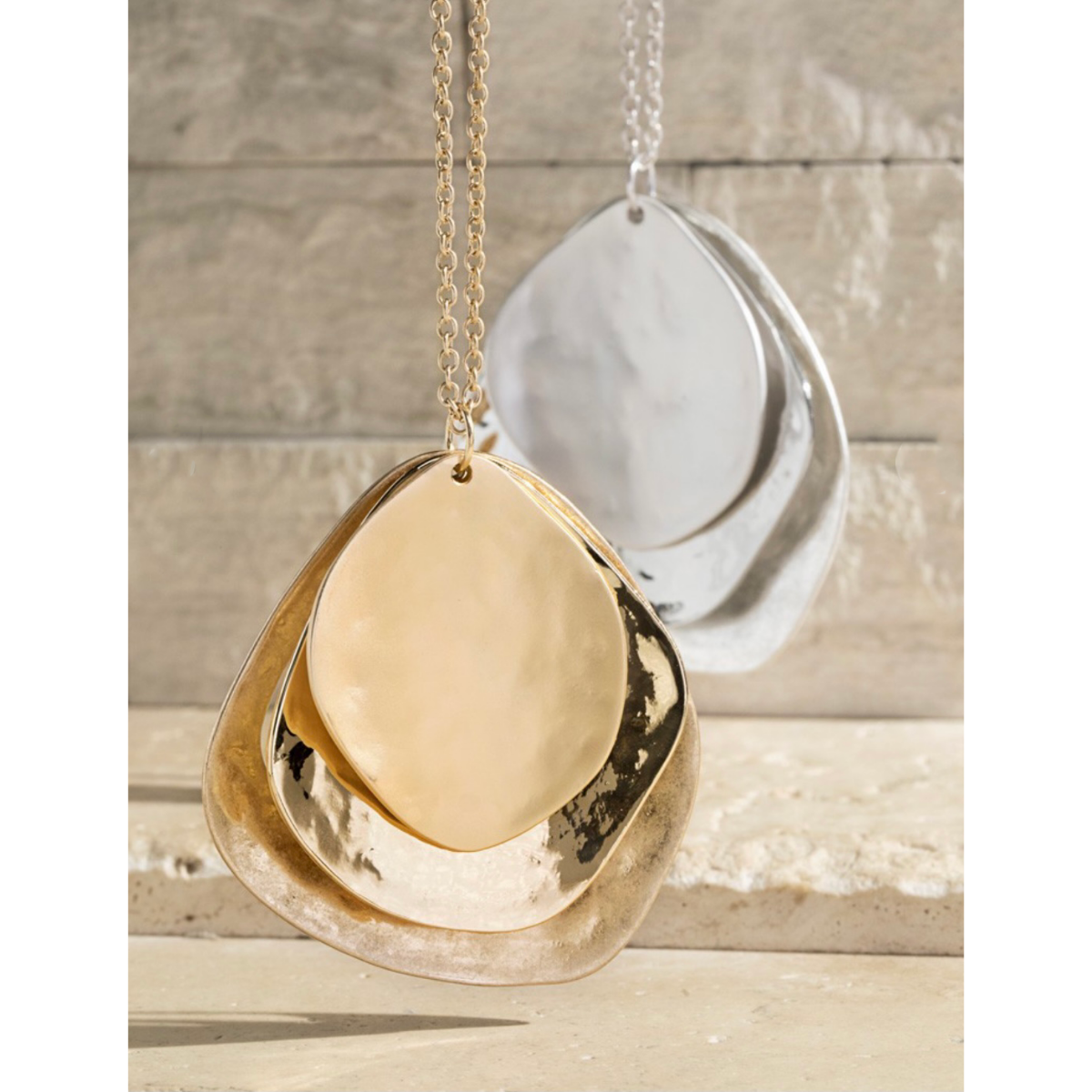 ENTICING TRIPLE LAYERED HAMMERED LONG PANDANT NECKLACE