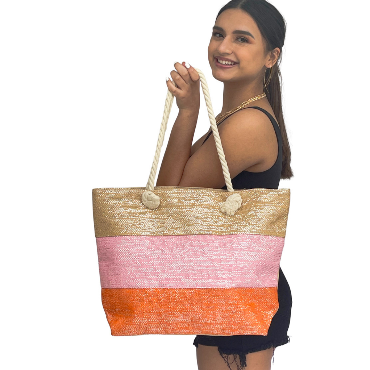 Sparkling Orange Color Block Beach Bag – Casa de fashion
