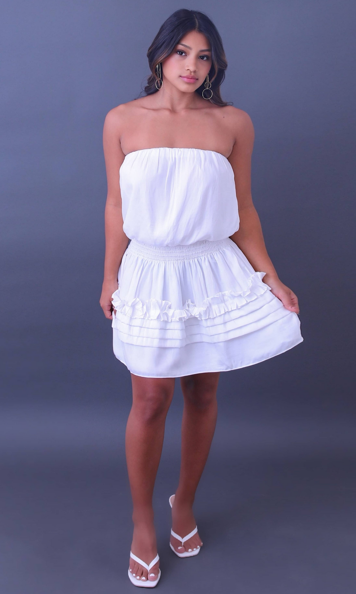 Lilly Bell White Strapless Ruffle Mini Dressed
