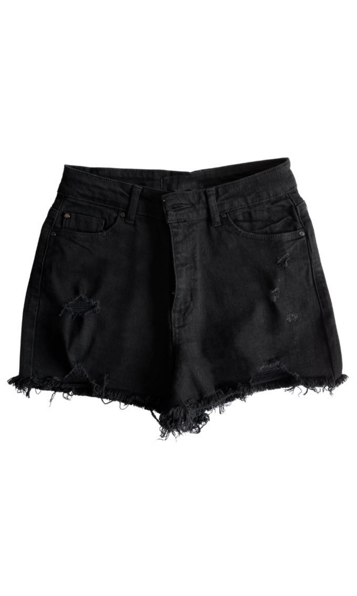 DISTRESSED BLACK HIGH-RISE CUTOFF SHORTS