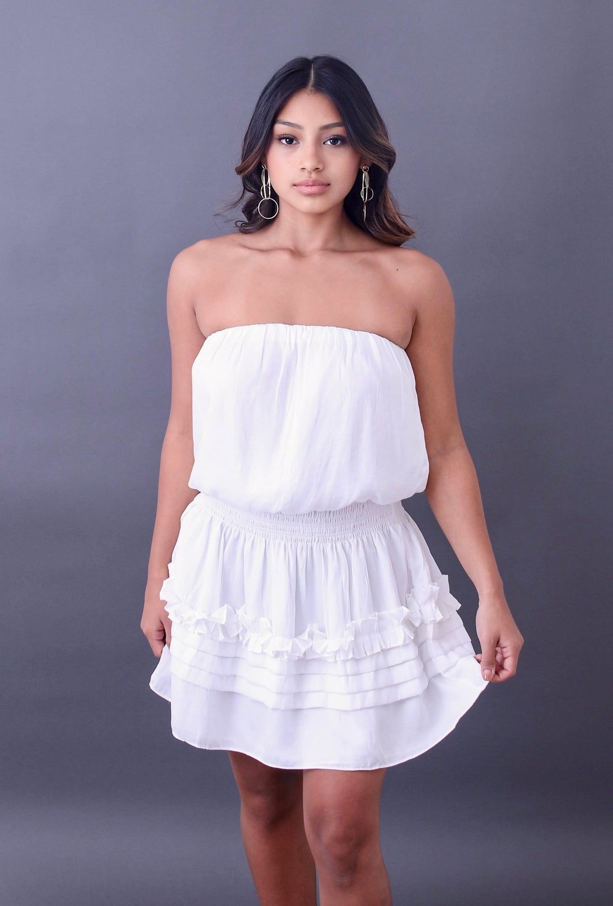 Lilly Bell White Strapless Ruffle Mini Dressed