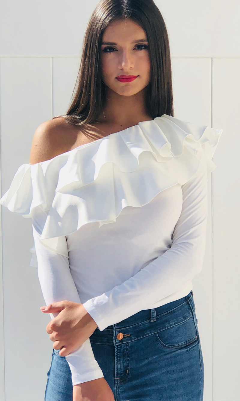 White one shoulder sales long sleeve top